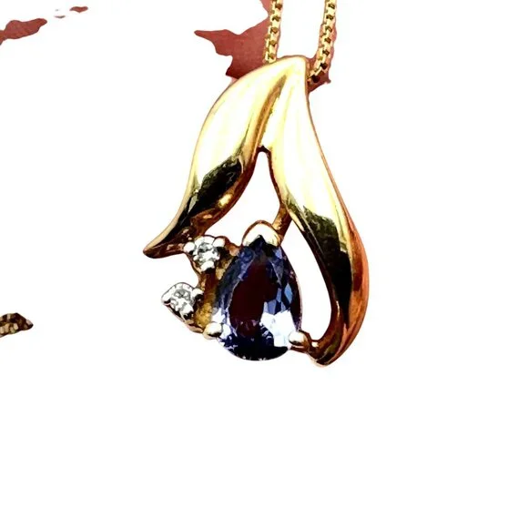 10K Yellow Gold Purple Tanzanite Diamond Pendant 18 Inch Necklace 2.6 Grams